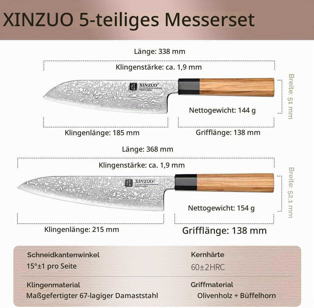 XINZUO Küchenmesser Set 5er 67 Schichten Damaststahl Chefmesser Set, Profi Geschmiedet Damaskus mess