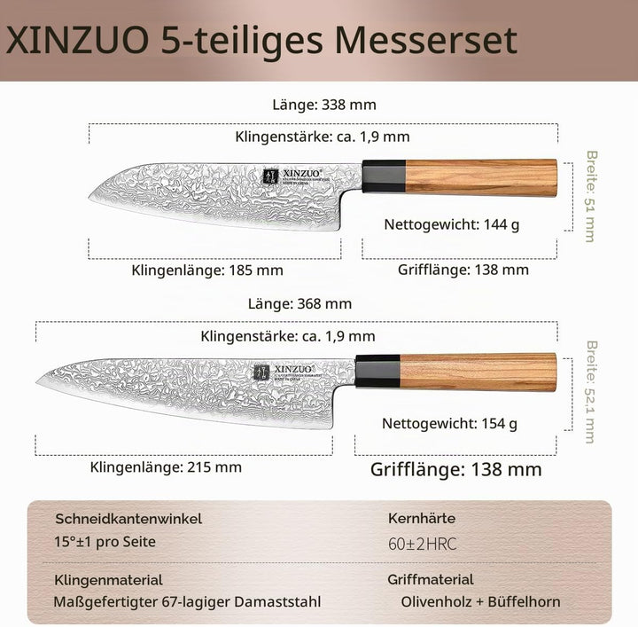 XINZUO Küchenmesser Set 5er 67 Schichten Damaststahl Chefmesser Set, Profi Geschmiedet Damaskus mess