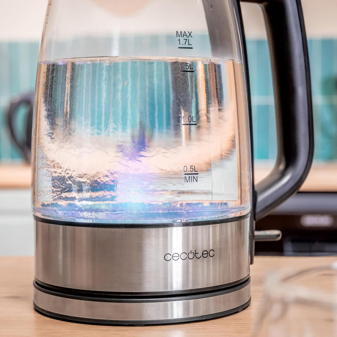 Cecotec Elektrischer Wasserkocher 1,7 L ThermoSense 340 Clear. 2200W, Borosilikatglas-Gehäuse, Leuch