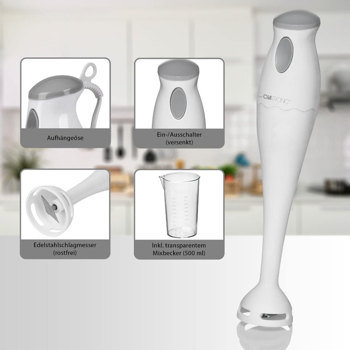 Clatronic Pürierstab | Stabmixer | 180 Watt | Edelstahl Messer | Rührstab | Babynahrung, Suppe, Smoo
