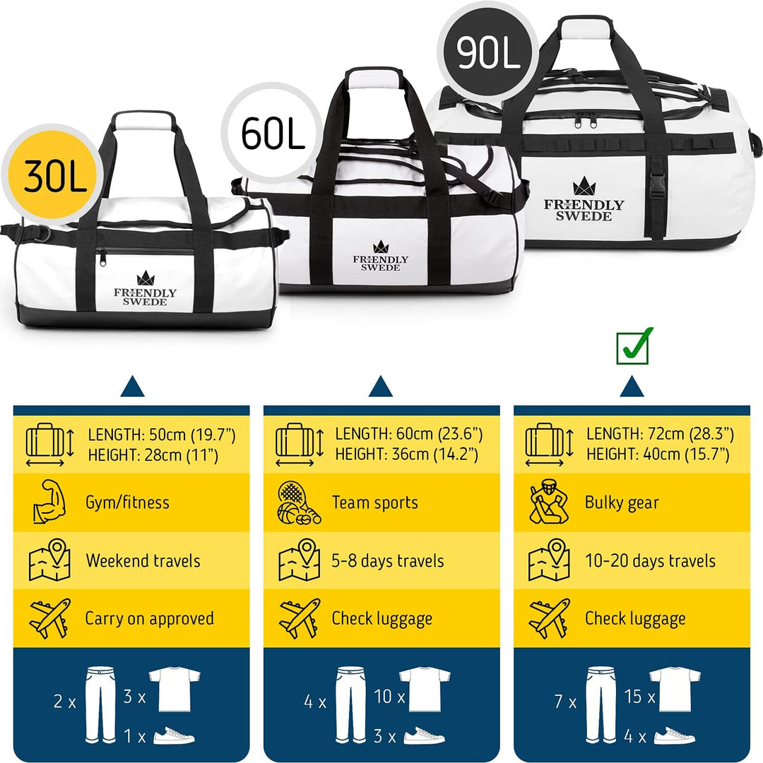 The Friendly Swede Wasserfeste Reisetasche Duffle Bag Rucksack - 60L / 90L | Sporttasche mit Rucksac