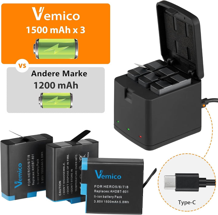 Vemico Hero 8 Akku Ladegerät Kit 3 Pack 1500 mAh ErsatzAkku 3 Kanal Ladebox Typ-C USB Mit Einem Schu