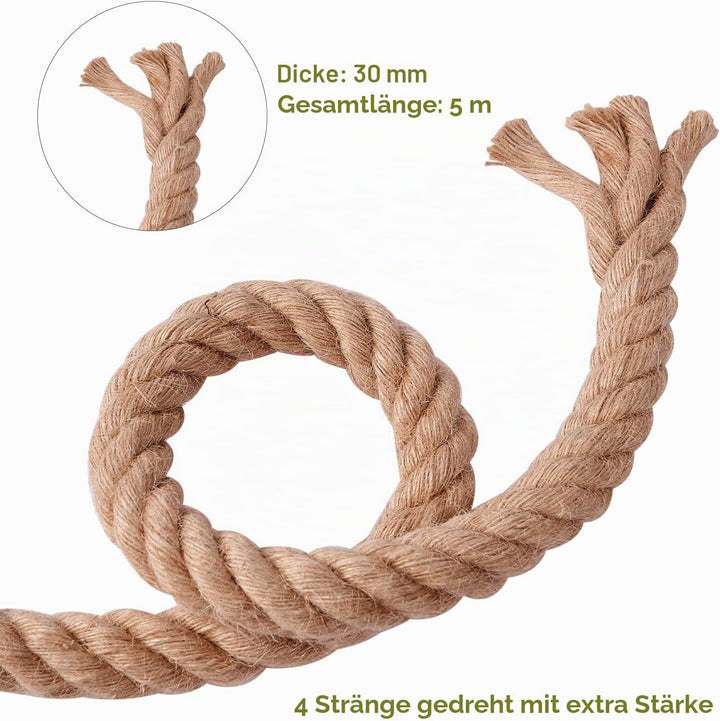 Juteseil 30mm 5M,Natürliche Hanfseil 4-Stränge Dicke Jute Schnur Gedreht Tauwerk Tau Seil für Garten