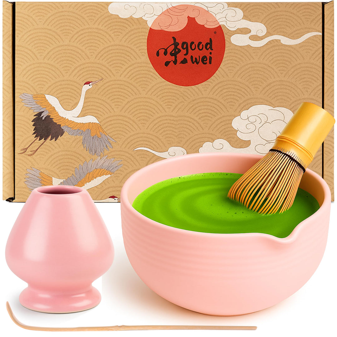 Goodwei Matcha Set mit Matchabesen, Löffel und Matcha Schale mit Besenhalter aus Keramik im passende