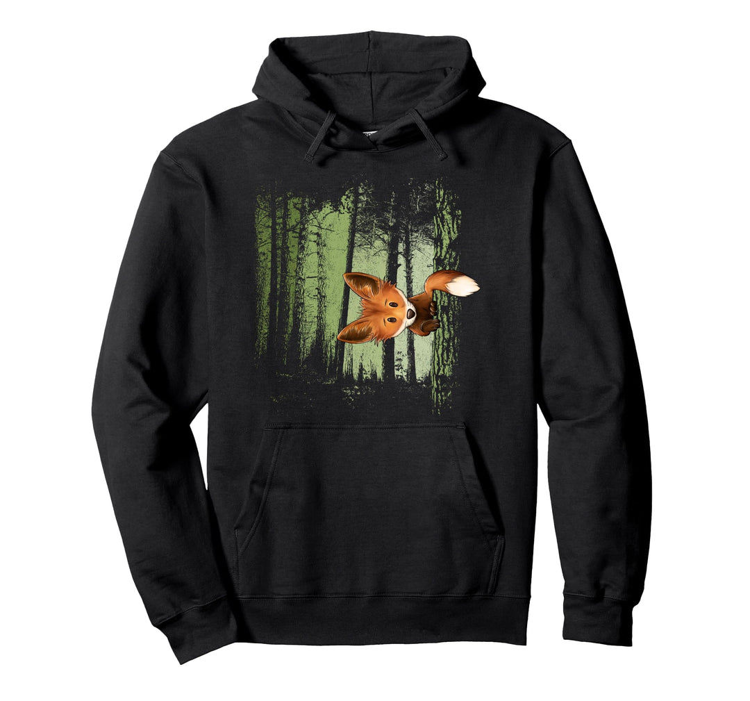 Cooler Fuchs hinterm Baum im Zwielicht-Wald Pullover Hoodie