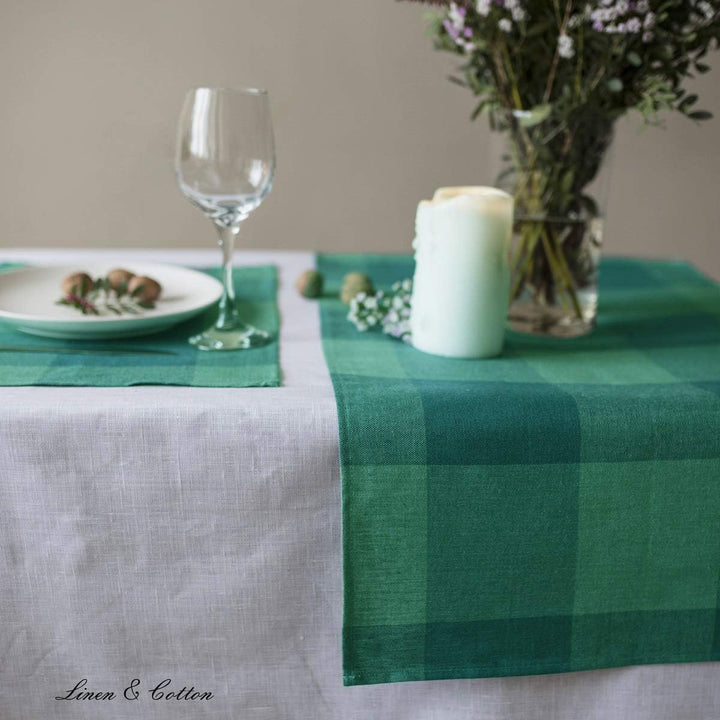 Linen &amp; Cotton Tischläufer Stoff Läufer Tischwäsche Kariert Bunt Emerald - 100% Leinen, Grün Mint Gr