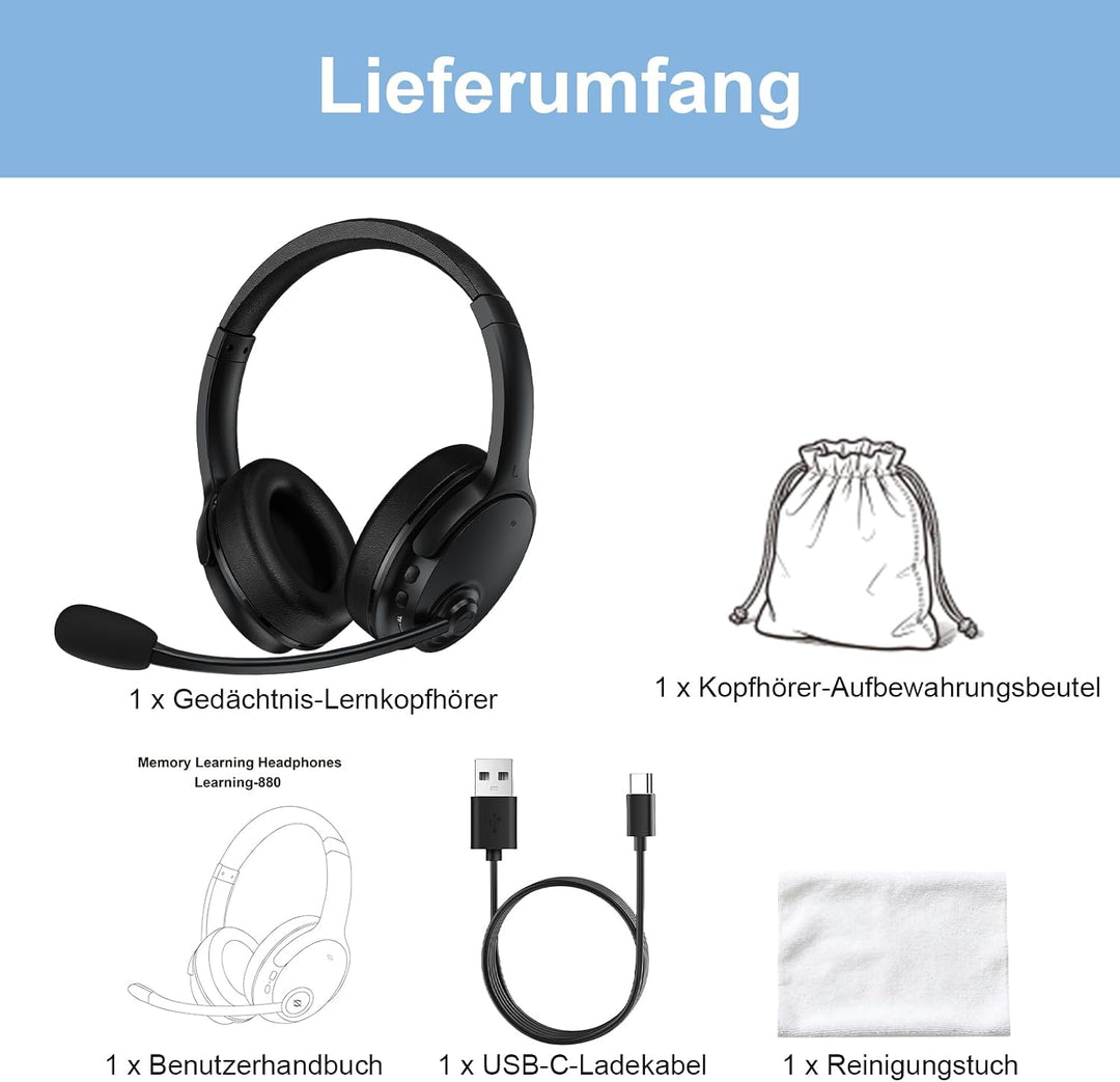 Memory-Lern-Kopfhörer, Bluetooth 5.3 mit Echtzeit-Echo für Leseübungen, Sprachtraining & Multisensor