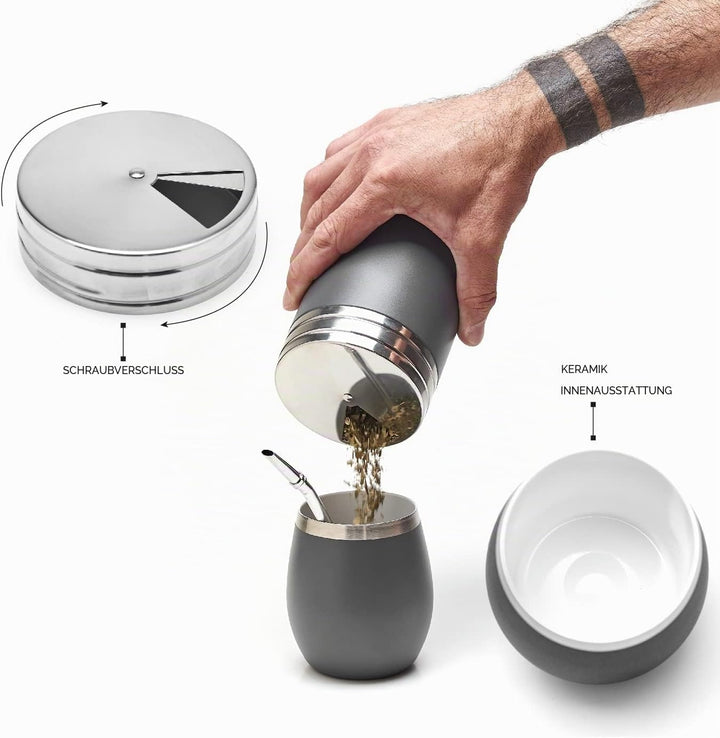 BALIBETOV Komplettes Yerba Mate Set – Moderner Mate Gourd, Thermos, Yerba Behälter, zwei Bombillas u