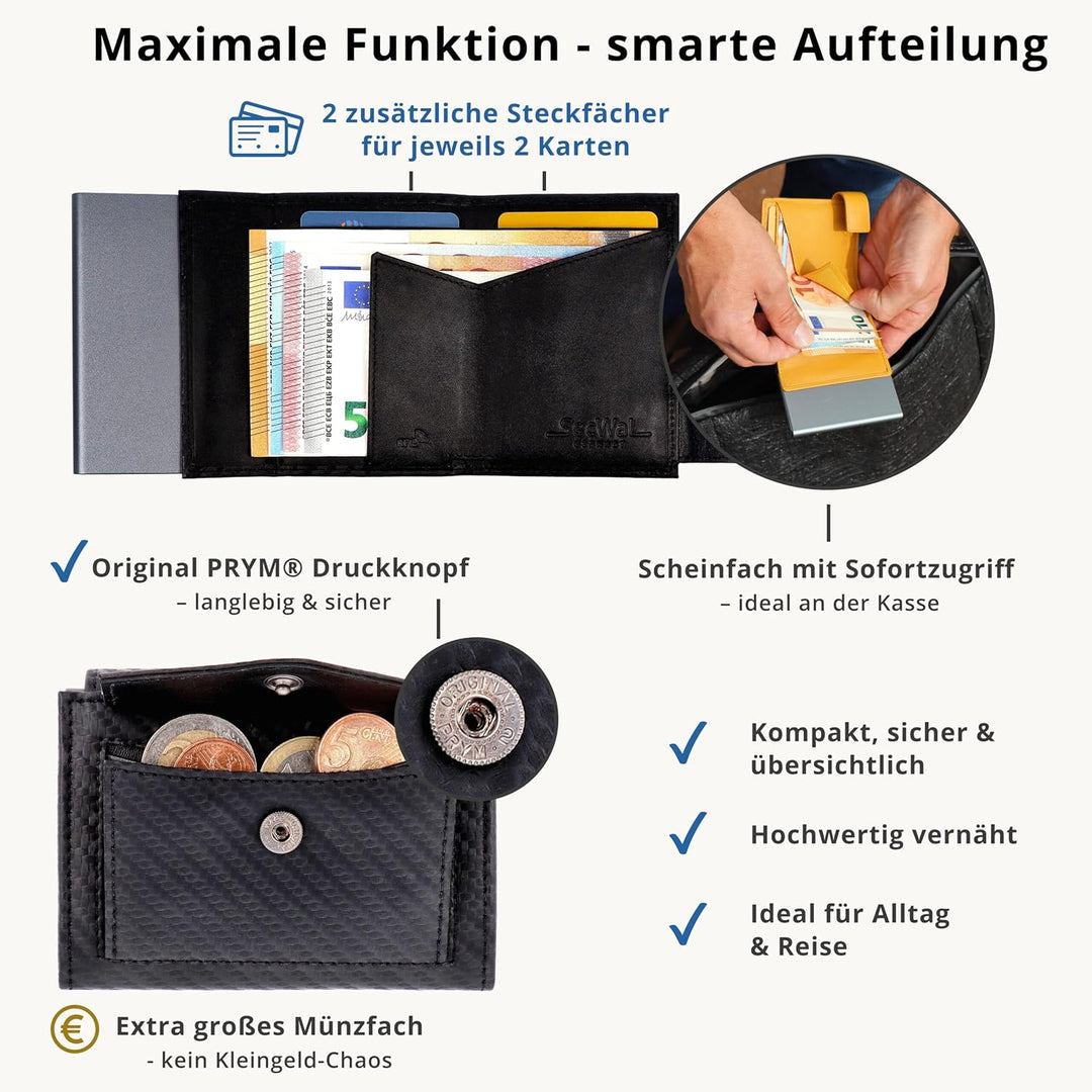 SecWal Kartenetui mit Münzfach Druckknopf inkl. Geschenkbox - Made in Germany - Echtleder Mini Geldb