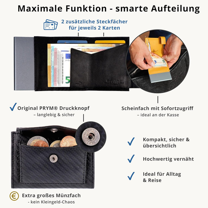SecWal Kartenetui mit Münzfach Druckknopf inkl. Geschenkbox - Made in Germany - Echtleder Mini Geldb