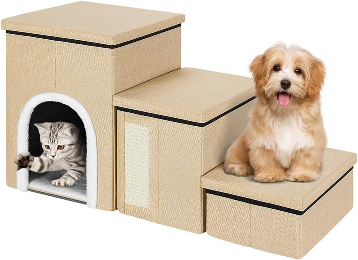 BAKAJI 3-in-1 Klapptreppe für Hunde und Katzen, aus Polyester, Beige, multifunktionale Leiter für St