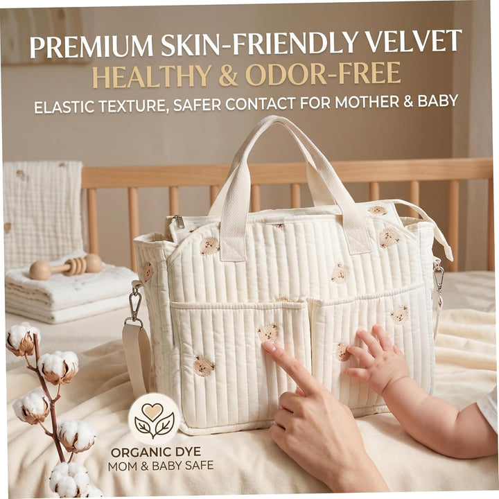 Babytasche, Kliniktasche, geräumige Wickeltasche mit vielen Fächern, weicher Pfirsichhaut-Samt, 42 x