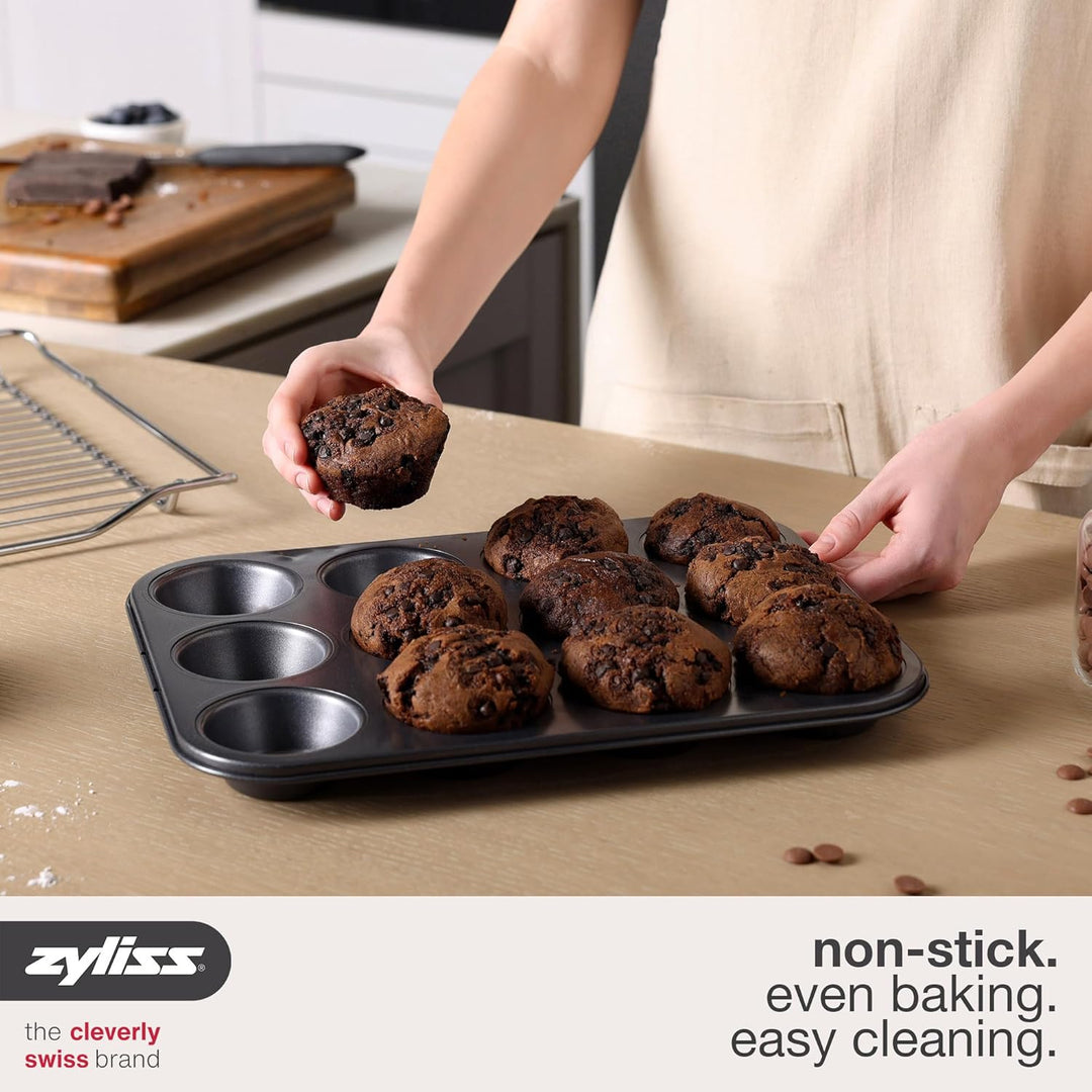 Zyliss Antihaft Muffinform für 12 Muffins, Muffin Backform aus Karbonstahl, antihaftbeschichtet, lei