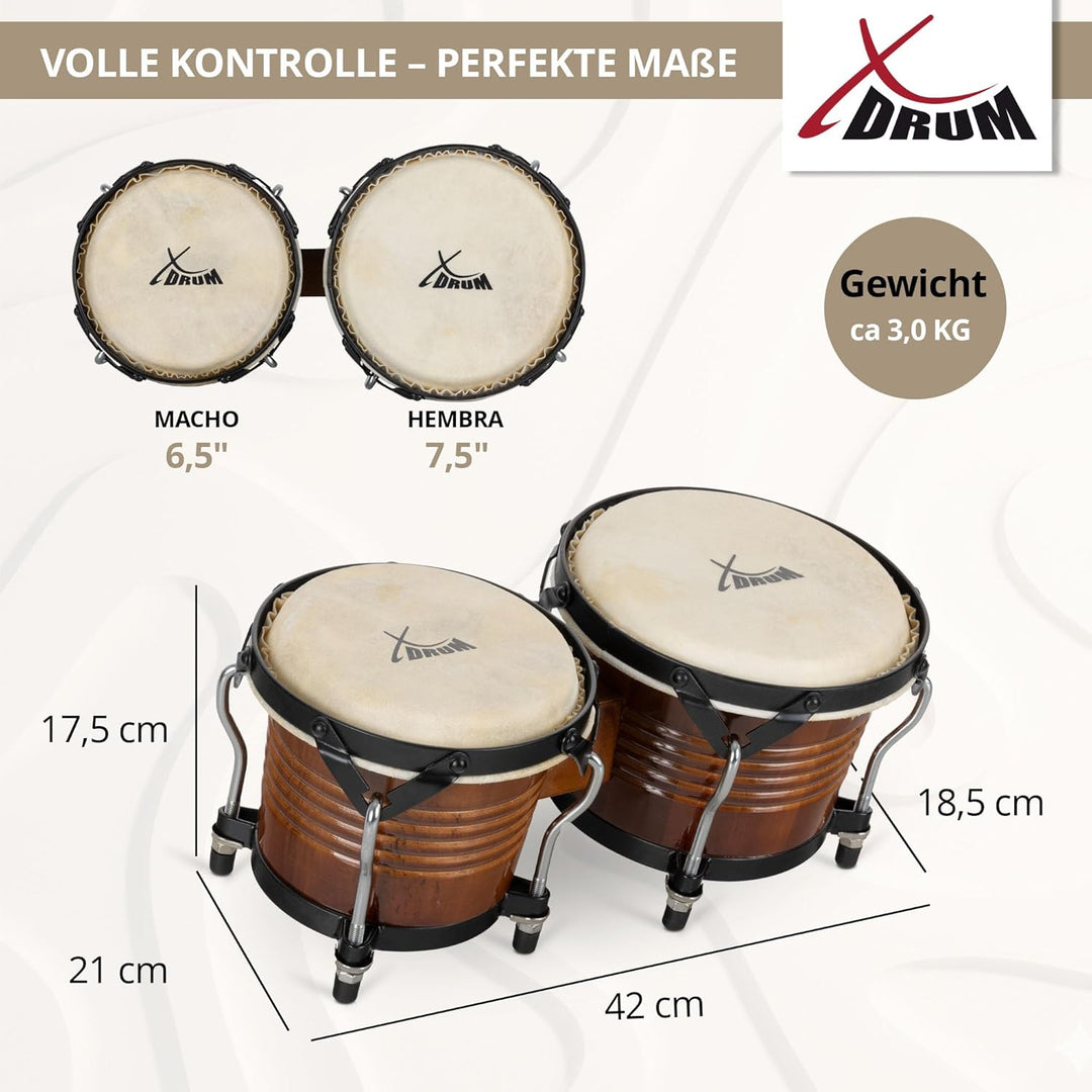 XDrum Bongos Pro Tobacco - 2 Trommeln mit 6,5" (17 cm) und 7,5" (20 cm) Durchmesser - Bongotrommeln