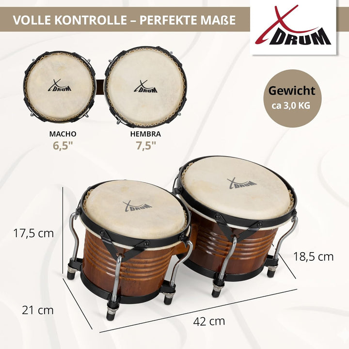 XDrum Bongos Pro Tobacco - 2 Trommeln mit 6,5" (17 cm) und 7,5" (20 cm) Durchmesser - Bongotrommeln