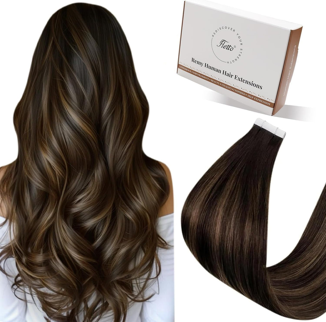 Hetto Echthaar Tape in Extensions Balayage Braun Tape Haarverlangerung Remy Echthaar Tape in Extensi
