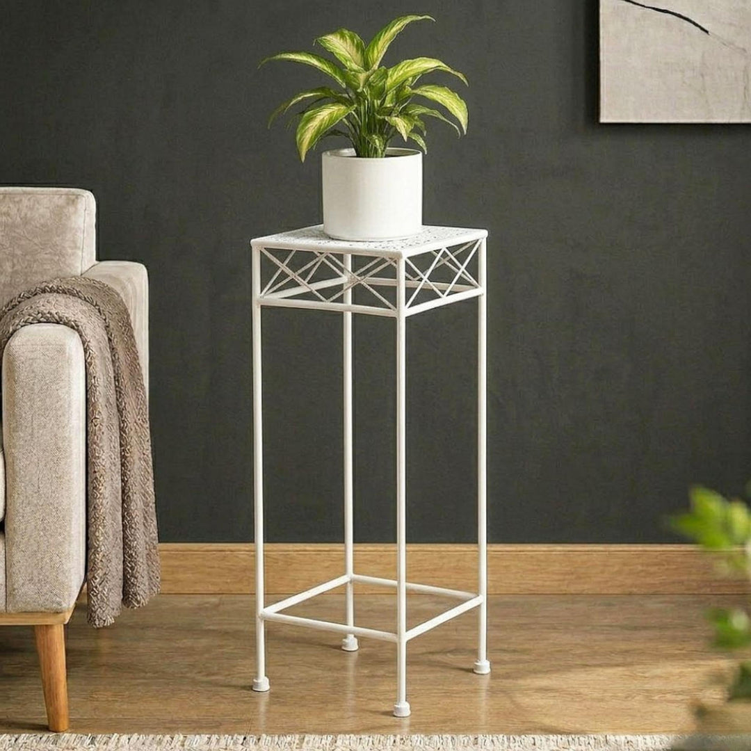 DanDiBo Blumenhocker Weiss Metall Eckig 70-50 cm Blumenständer 96314 Beistelltisch Blumensäule Moder