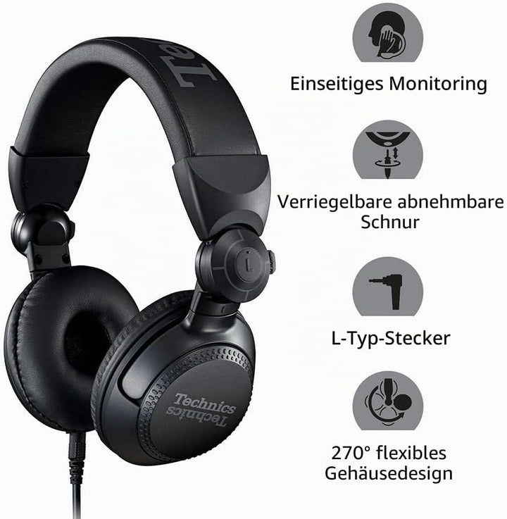 Technics EAH-DJ1200 DJ Kopfhörer, On-Ear, Schwenkarm, abnehmbares Spiralkabel, High-End Stereoklang,