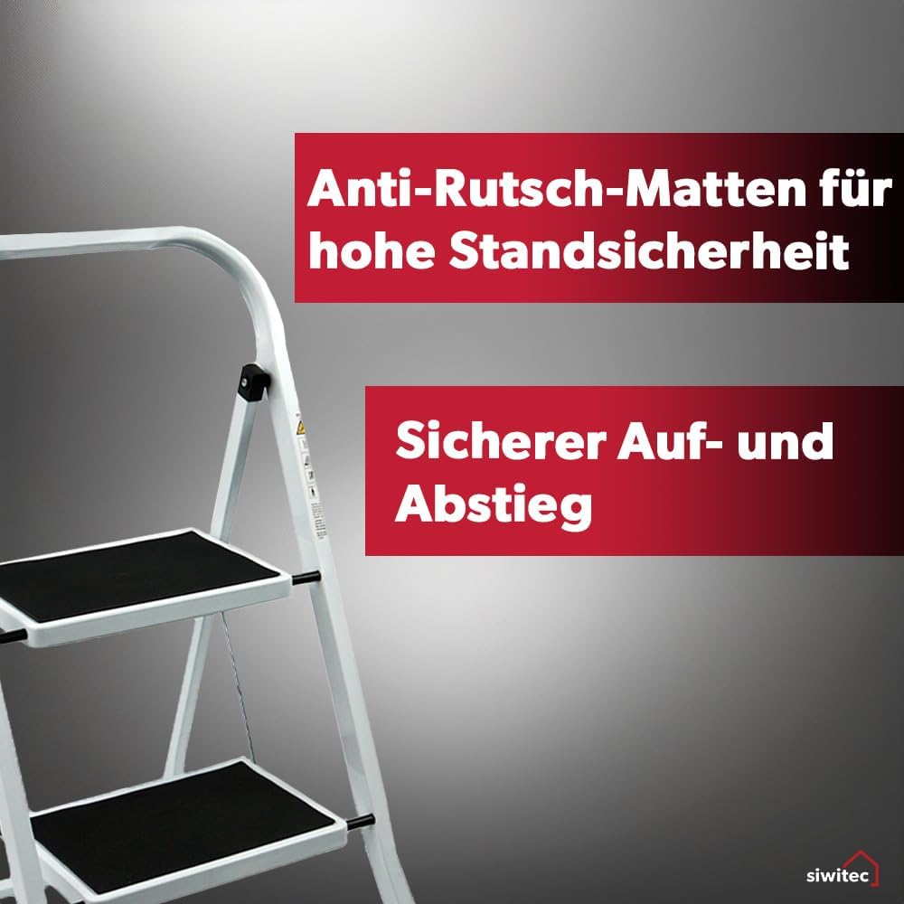 siwitec Klapptritt aus Stahl mit 2 Stufen, Weiss, kleine Leiter mit Anti-Rutschmatten, 150 kg Tragla