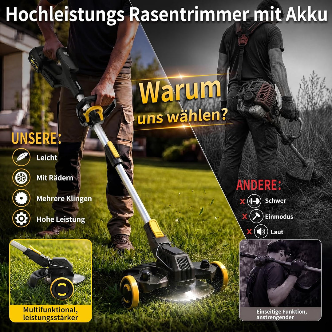Rasentrimmer mit Akku, 21V Akku Rasentrimmer für Makita Akku, Rasentrimmer mit Unkrautbürste, 2 * 4.