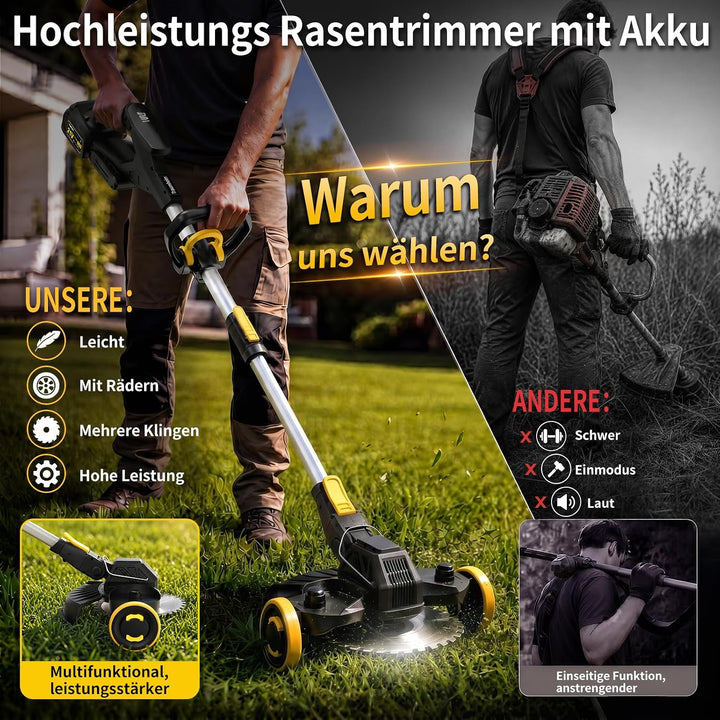 Rasentrimmer mit Akku, 21V Akku Rasentrimmer für Makita Akku, Rasentrimmer mit Unkrautbürste, 2 * 4.