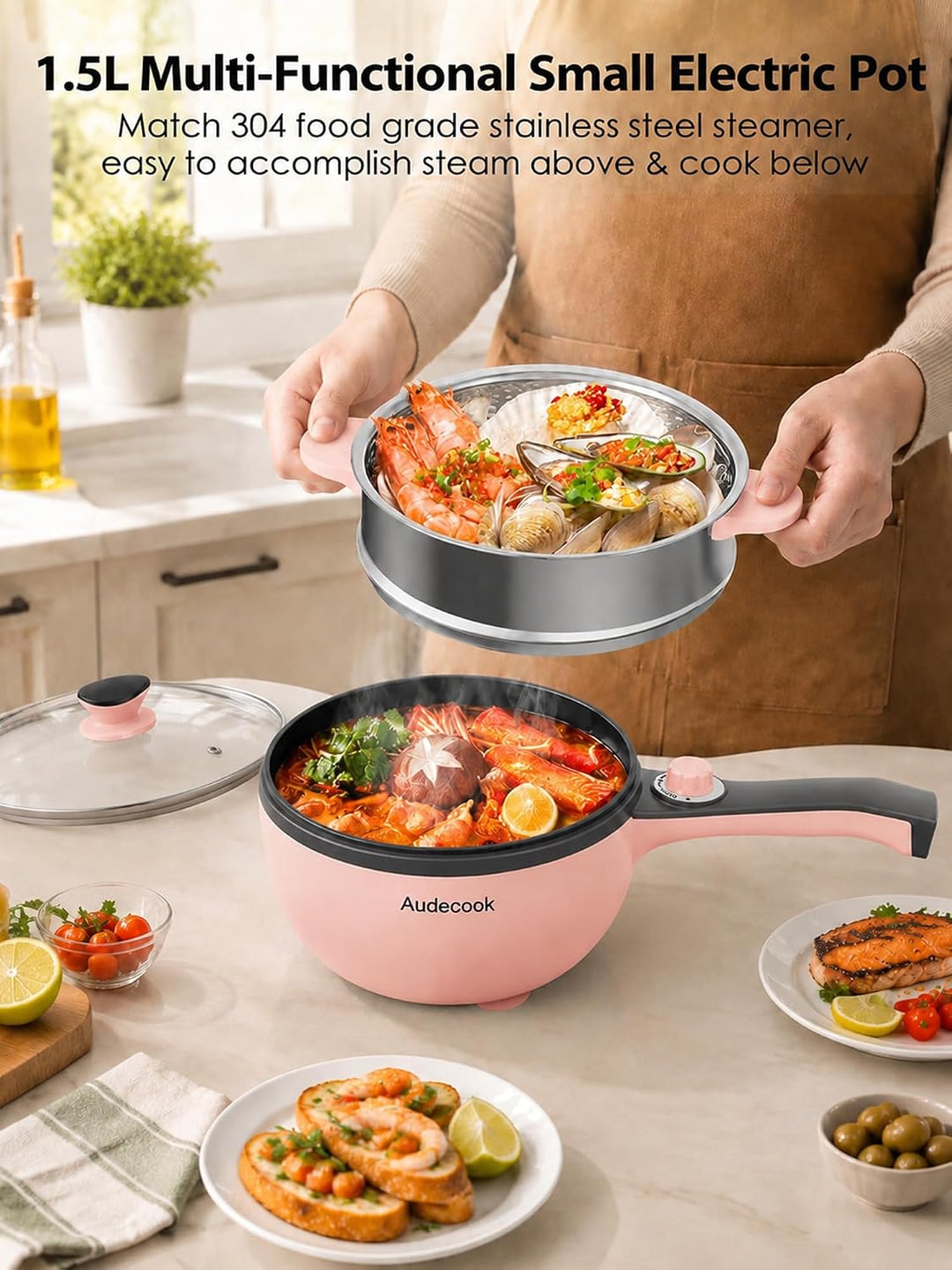 Audecook Elektrische Pfannen mit Dampfgarer, 1,5L Bratpfanne 20cm, Antihaft Klein Elektropfanne, Mul