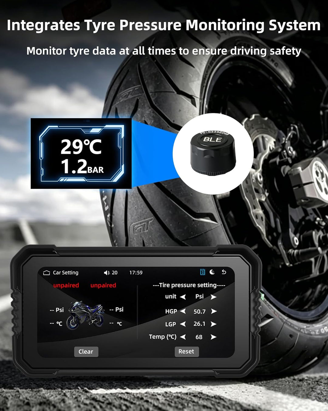 Jansite 6,25 Zoll Motorrad Carplay Display mit TPMS, Motorrad Navigationsgeräte Android Auto IP67 Wa