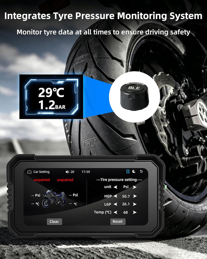 Jansite 6,25 Zoll Motorrad Carplay Display mit TPMS, Motorrad Navigationsgeräte Android Auto IP67 Wa