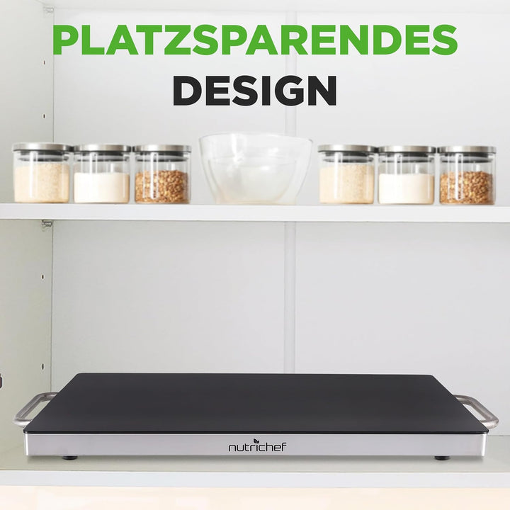NutriChef Warmhalteplatte Elektrisch – 50,8 x 30,5 cm Glas-Kochplatte mit Griffen für Speisen, Für B