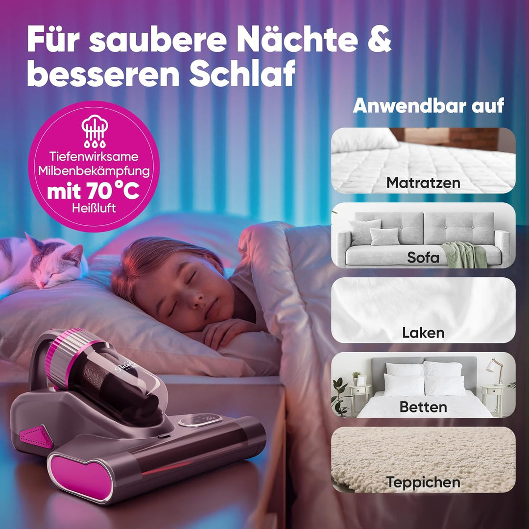Milbensauger für Matratzen [UV-Licht 99,9% Milbenentfernung] 9600 Pa Kabellos 2600 mAh Warmluft Matr