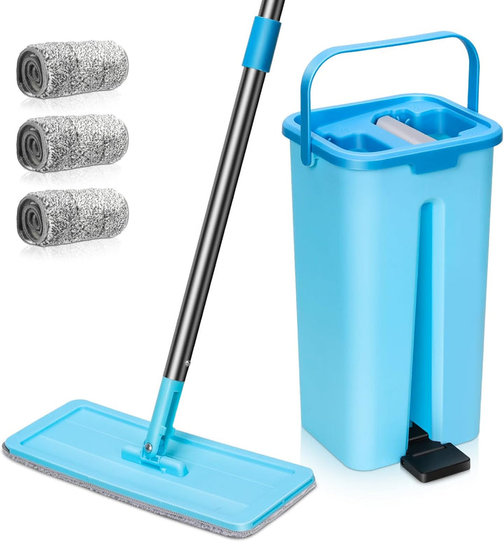 MASTERTOP Wischmopp Set mit Eimer, 2 in 1 Bodenwischer Flachmopp mit Edelstahlgriff und 6 Mikrofaser