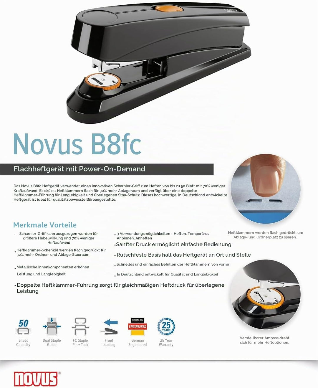 Novus B8FC B 8 FC Heftgerät (50 Blatt, Flachheftung, Hebelfunktion, inkl. 1000 Heftklammern) schwarz