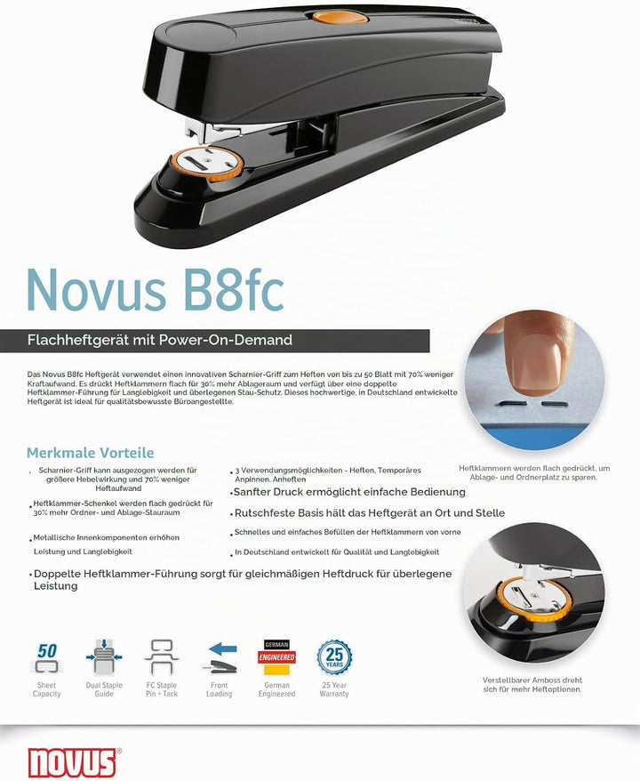 Novus B8FC B 8 FC Heftgerät (50 Blatt, Flachheftung, Hebelfunktion, inkl. 1000 Heftklammern) schwarz
