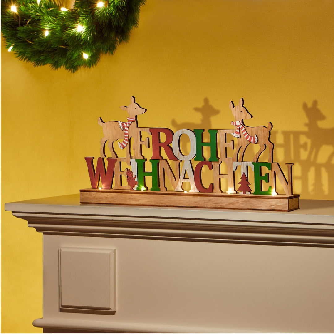 com-four® LED Deko Aufsteller aus Holz - beleuchteter Schriftzug auf Holzsockel - Deko-Schriftzug zu