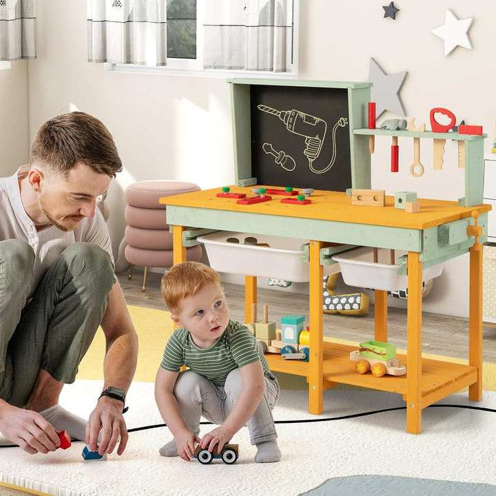 COSTWAY Werkzeugbank Kinder, Spielwerkbank aus Holz mit Tafel &amp; 2 Aufbewahrungsboxen, Werkstatt Werk
