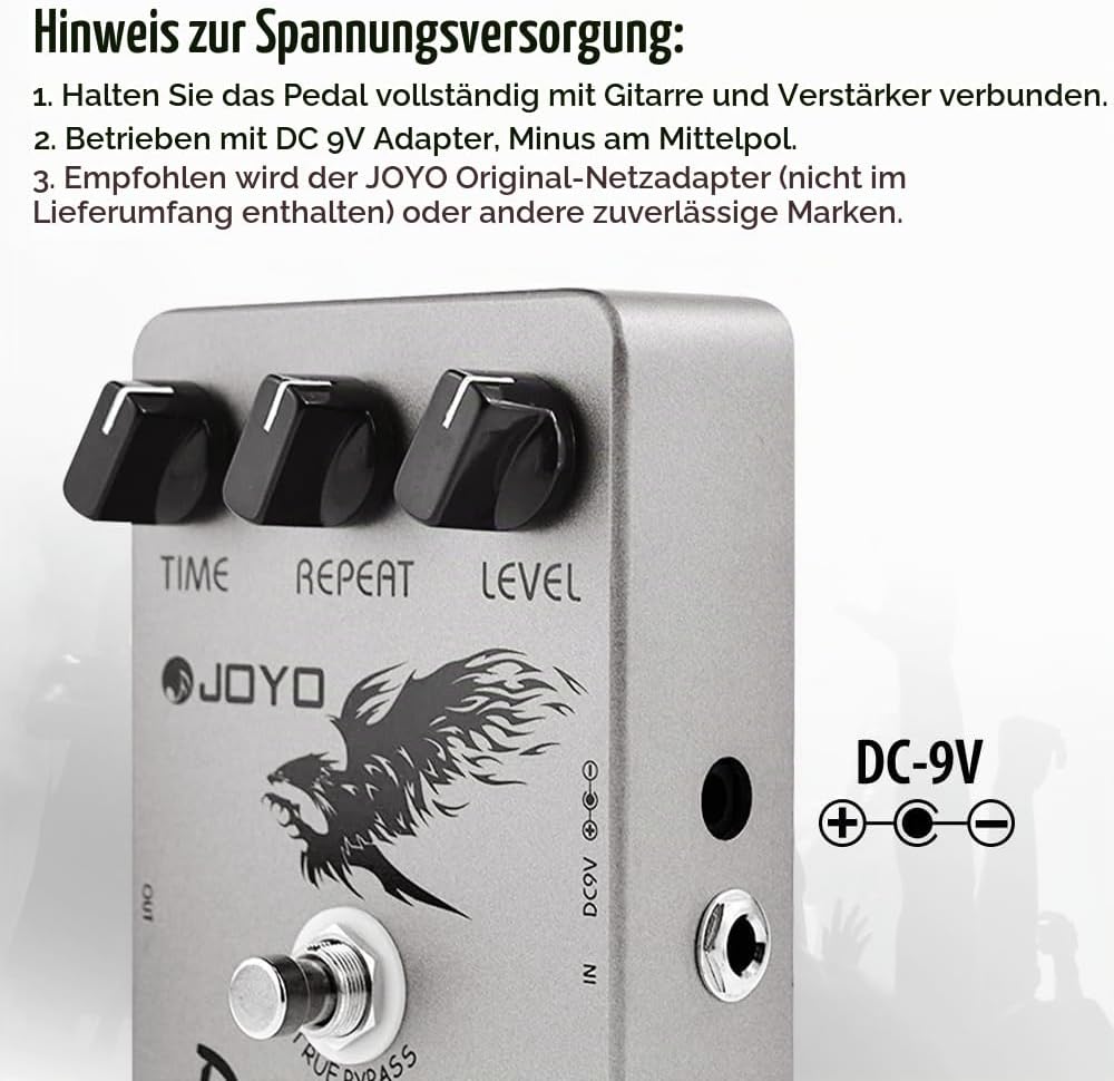 JOYO Digitales Delay-Effektpedal für E-Gitarre und Bass, Verzögerungszeitbereich 25–600 ms, Sounds „