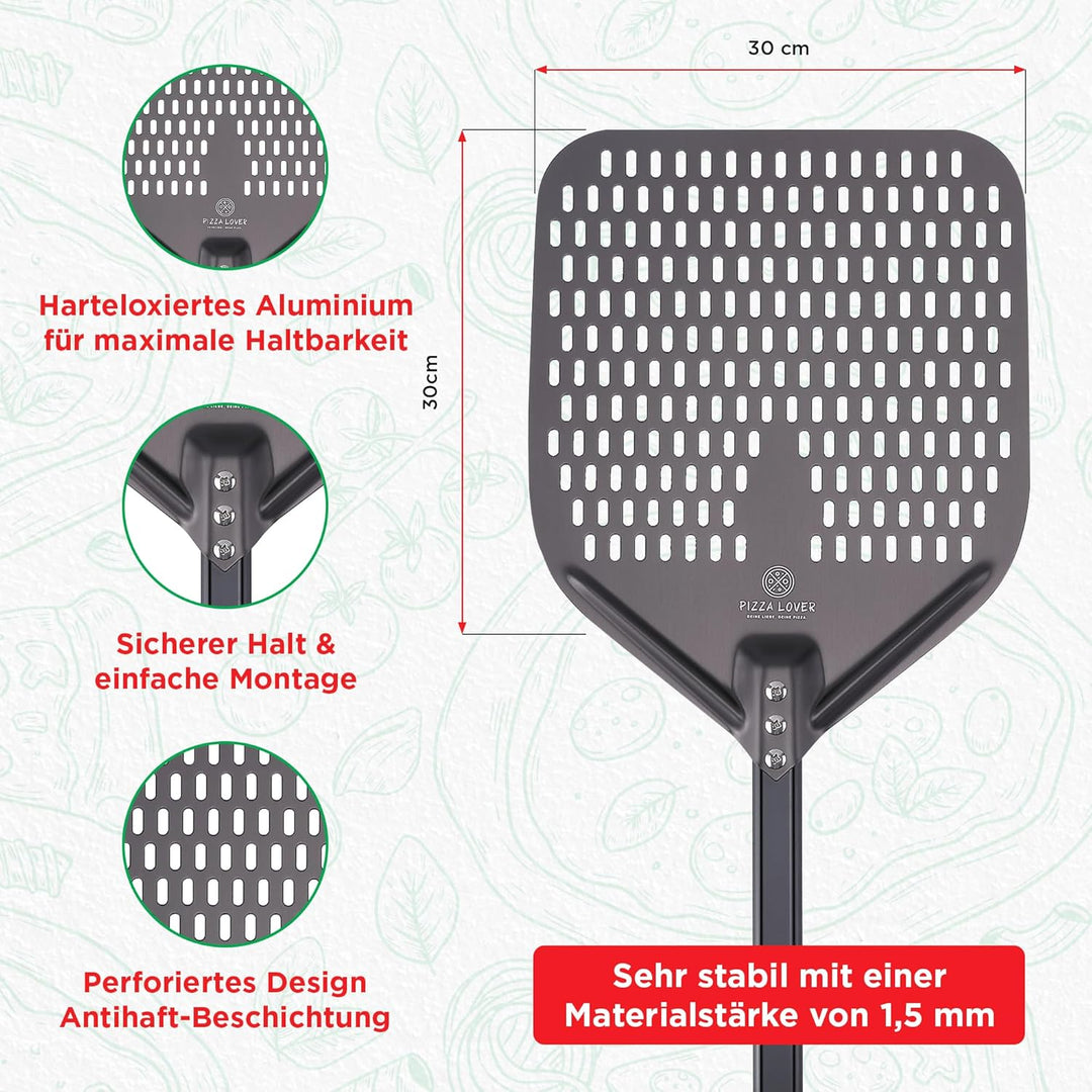 Pizza Lover Premium Pizzastein-Set für Backofen & Grill – 4in1 – inkl. perforiertem Pizzaschieber (h