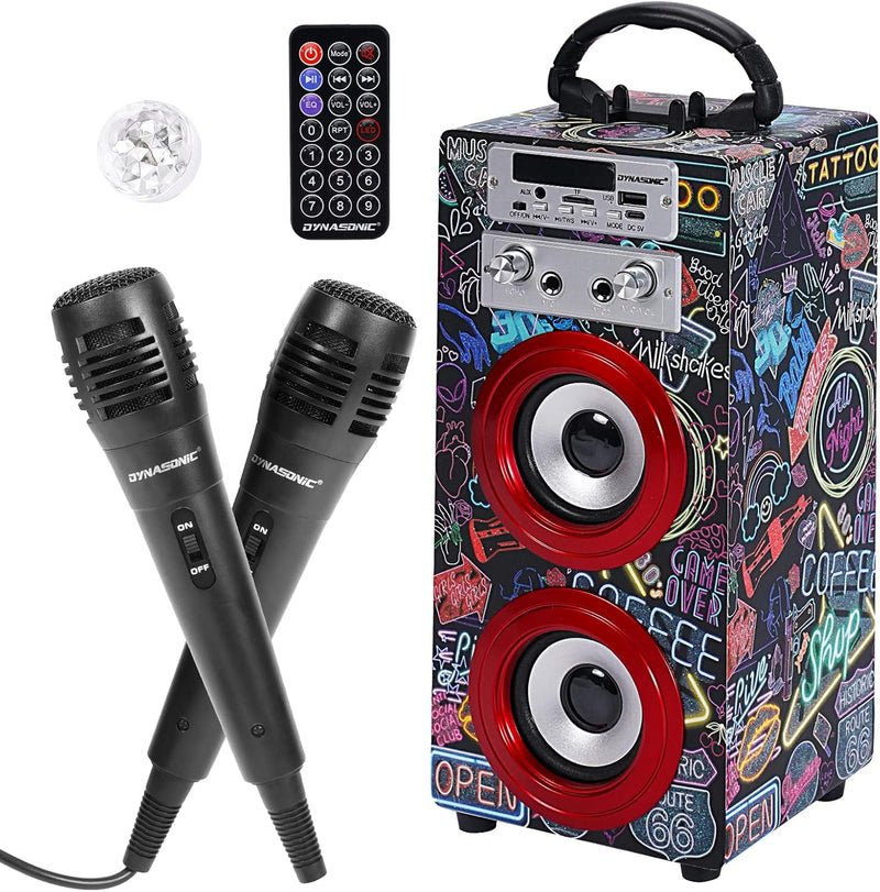 DYNASONIC Karaoke mit 2 Mikrofonen, tragbarer Karaoke-Maschine, Bluetooth-Lautsprecher, USB- und SD-