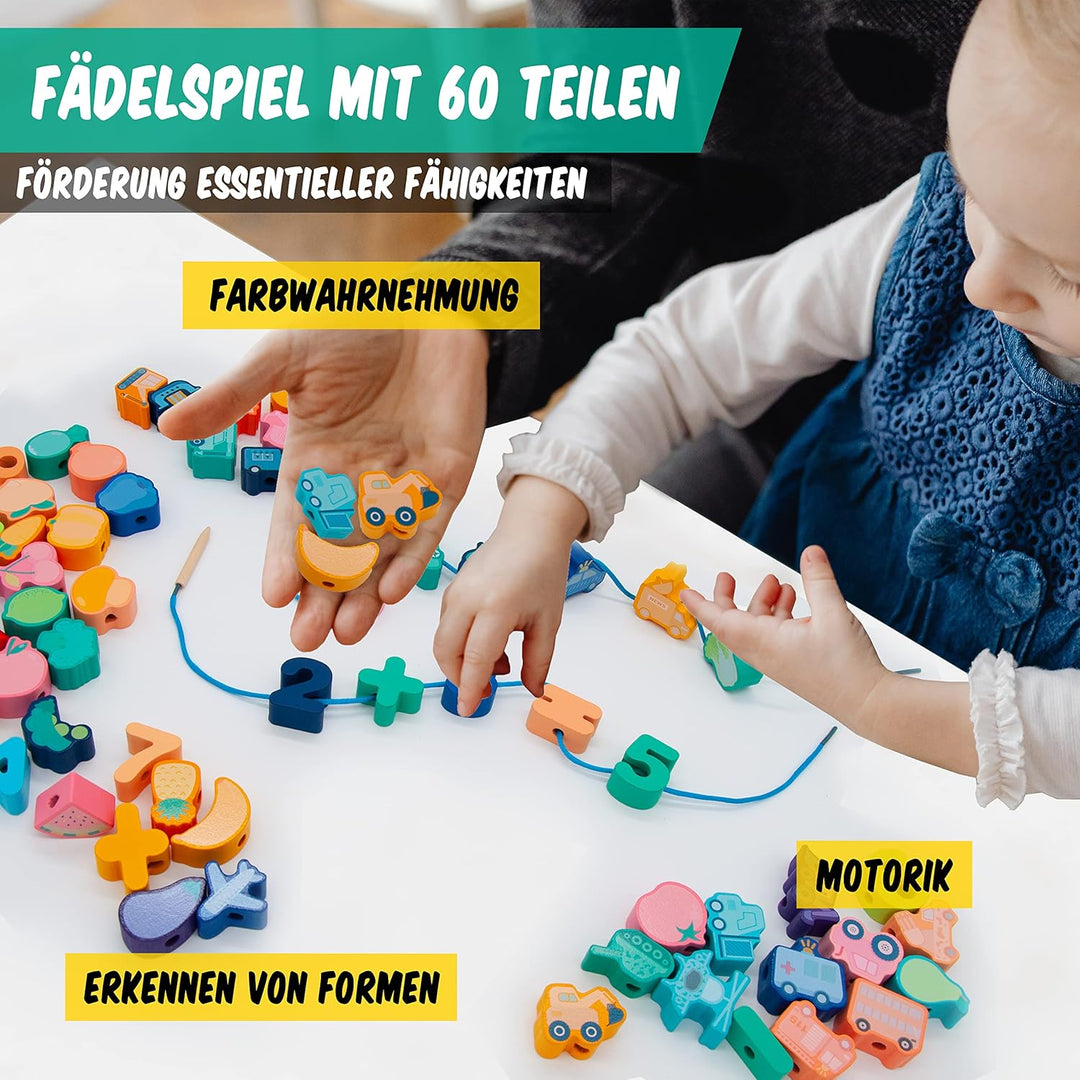 Faerly® Fädelspiel 60 Teile + Box - Montessori Spielzeug ab 2 3 4 5 6 Jahre für Kinder Pädagogisches