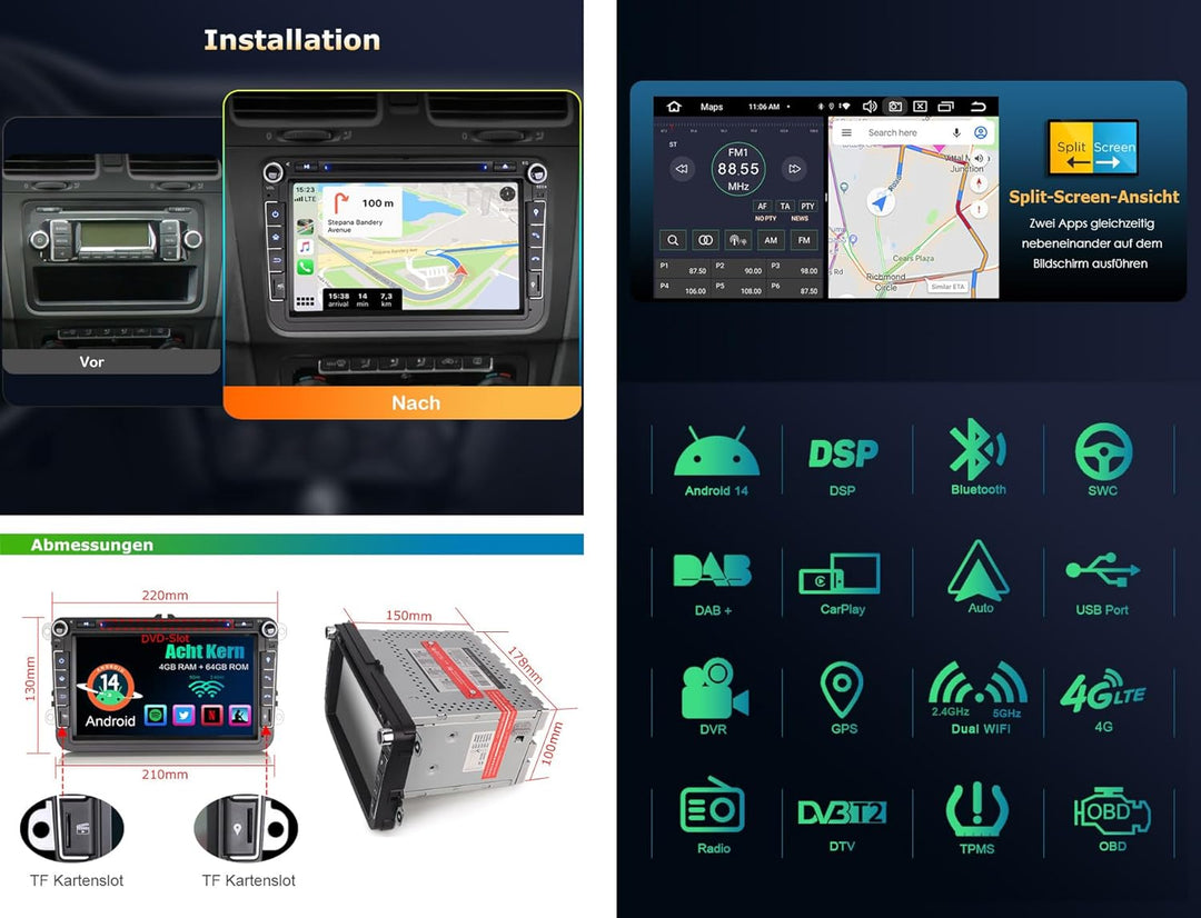 8 Zoll Acht-Kern Android 14 DAB+ Autoradio Für VW Golf 5/6 EOS Caddy Passat CC Jetta Polo T5 Tiguan