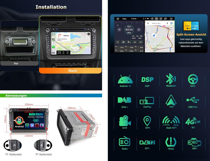 8 Zoll Acht-Kern Android 14 DAB+ Autoradio Für VW Golf 5/6 EOS Caddy Passat CC Jetta Polo T5 Tiguan