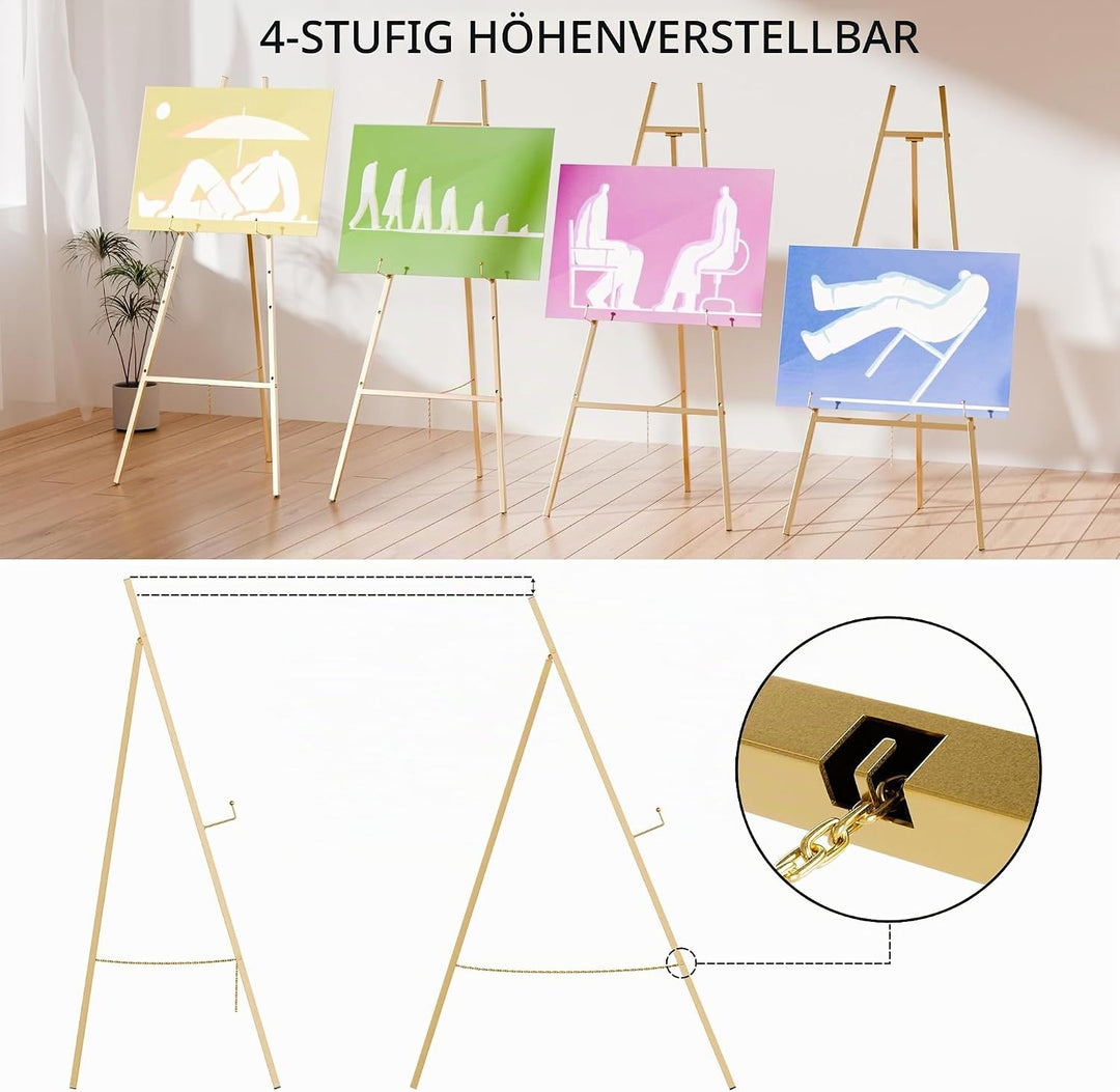 Goldene Staffelei Ständer für Schilder, robuste Staffelei, 4-stöckig, verstellbar, Kunststaffelei zu