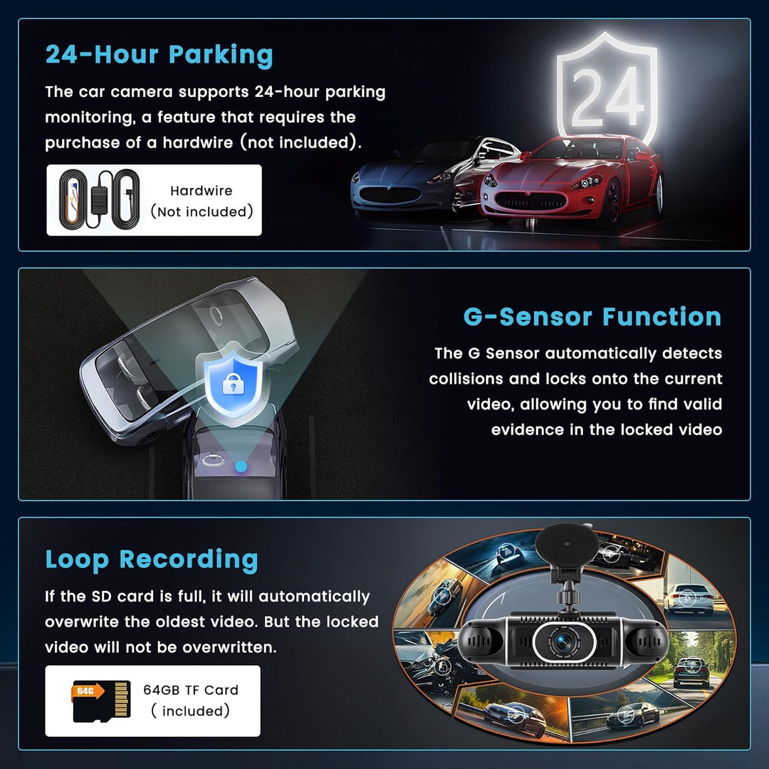 2K WiFi Dashcam Auto 4 Kanal, 360 Grad Dash Cam FHD Vorne Hinten Innen Links und Rechts 2K+1080P*3,