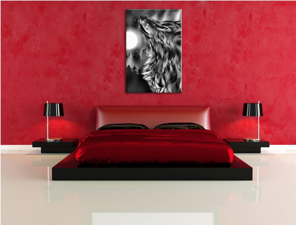 Pixxprint Abstrakter Wolf mit Mond als Leinwandbild | Grösse: 100x70 | Wandbild| Kunstdruck | fertig