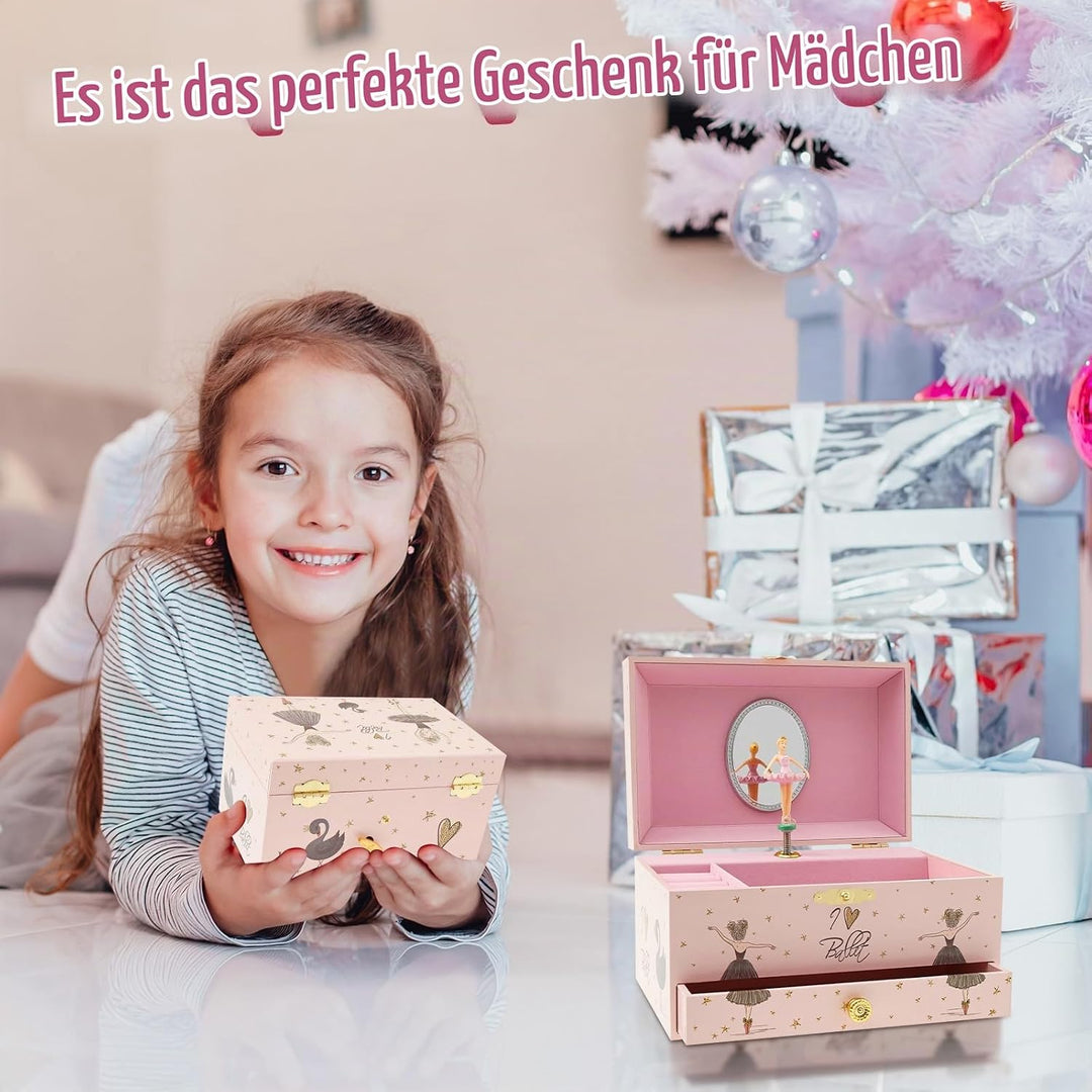 Musikalisches Schmuckkästchen Kinder Spieluhr mit Drehendem Einhorn Ballettmädchen Spiegel Schublade