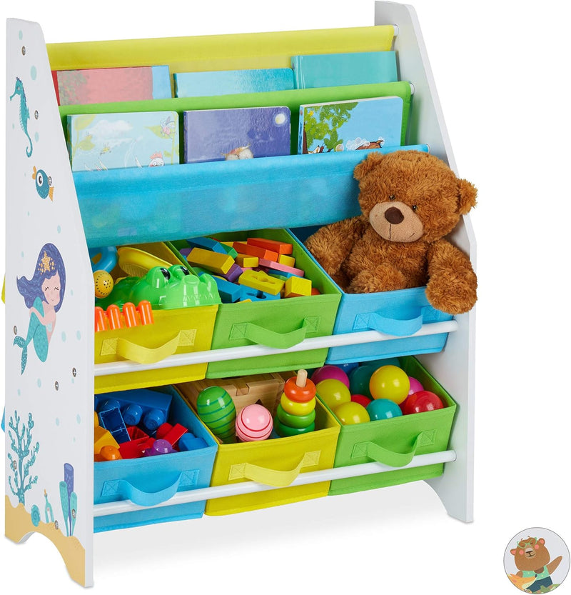 Relaxdays Kinderregal, Meer Motiv, 6 Boxen, 2 Fächer, Kinderzimmer, Spielzeug Aufbewahrung HBT 74 x