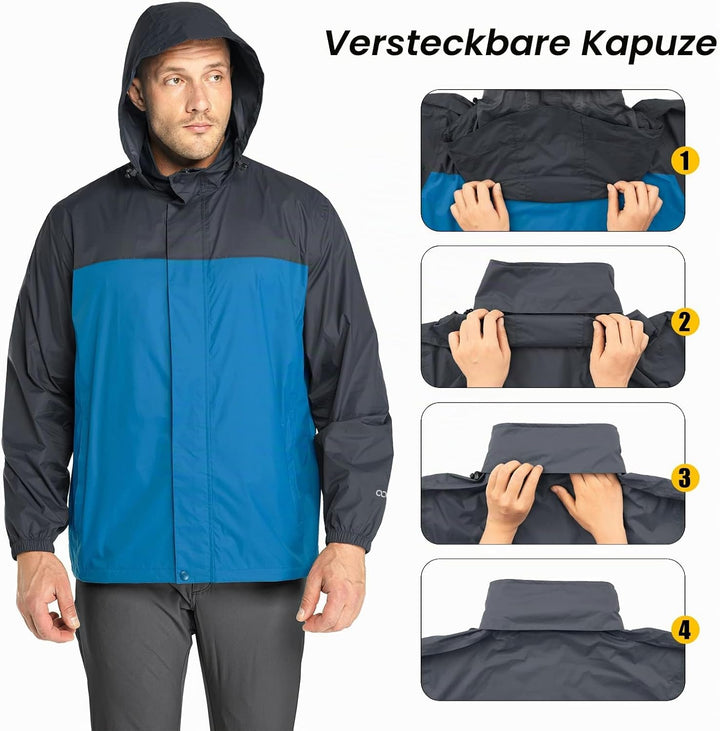 33,000ft Regenjacke Herren Leicht Wasserdicht Faltbare Regenmantel mit Kapuze Fahrrad Rain Windbreak