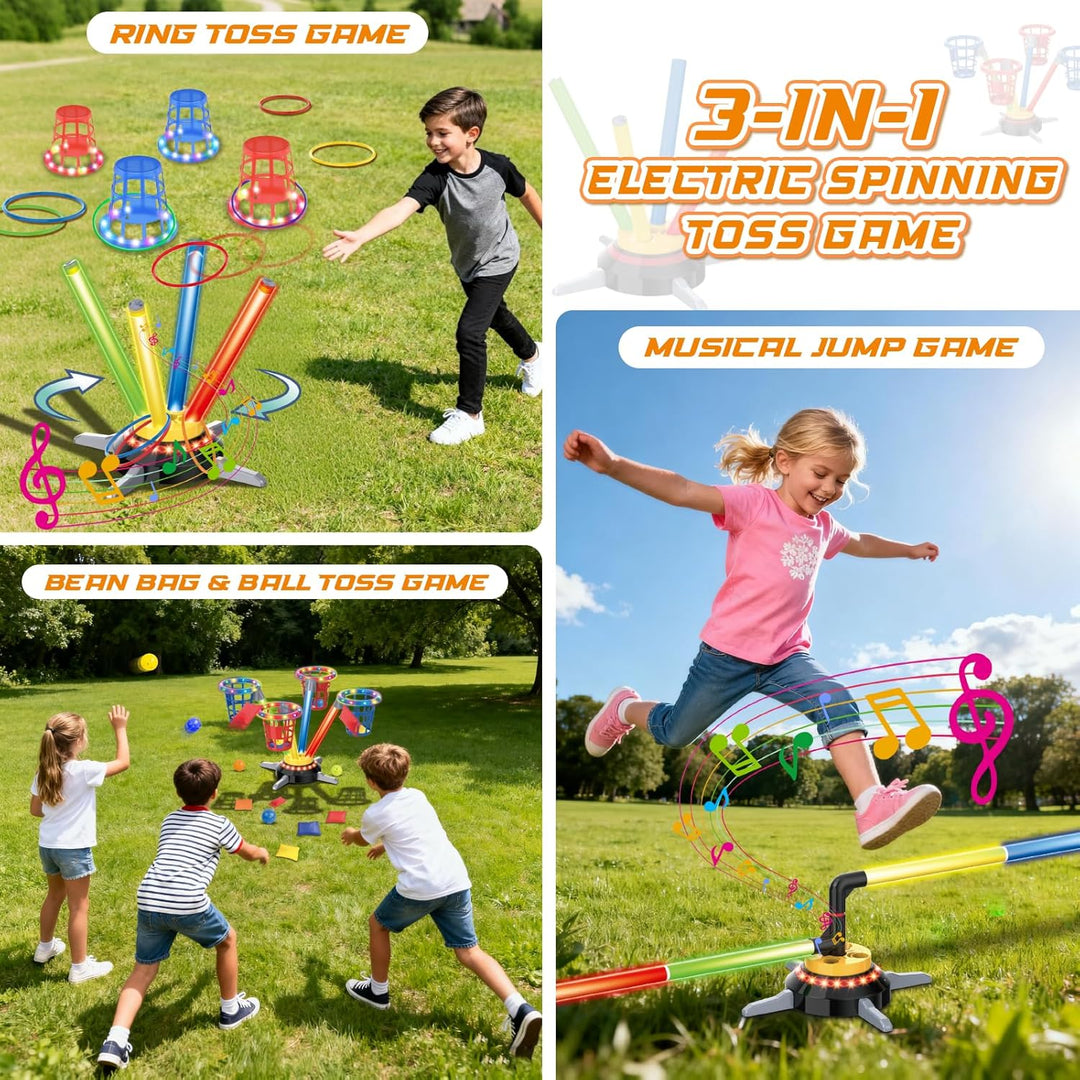 VATOS 3-in-1 Bohnensack- & Ringwurf-Spiel, Musikalische Sprünge für Kinder, Elektrische Drehbasis mi