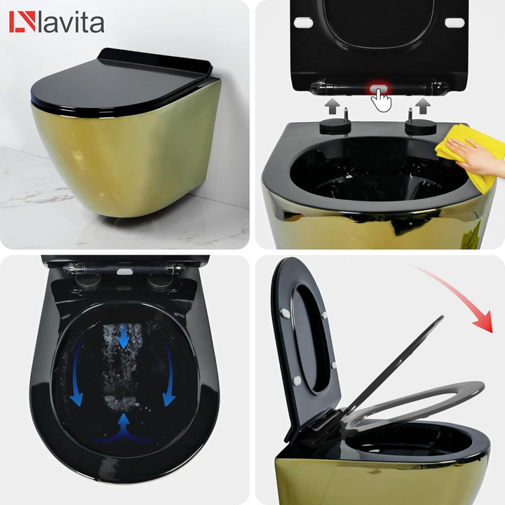 LAVITA Wand-WC Sofi Slim Gold/Black Hänge Toilette WC Sitz Colordeckel mit Absenkautomatik &amp; Metalls