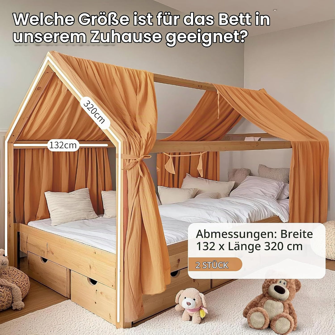 Hausbetthimmel 2 Stück, handgefertigt aus 100% Baumwoll-Musselin, Stoffhimmel zur Hausbettdekoration